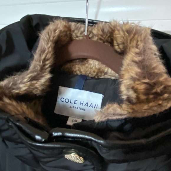 Warm Cole Haan faux fur color timed Down black winter jacket with leather trim - Picture 2 of 5